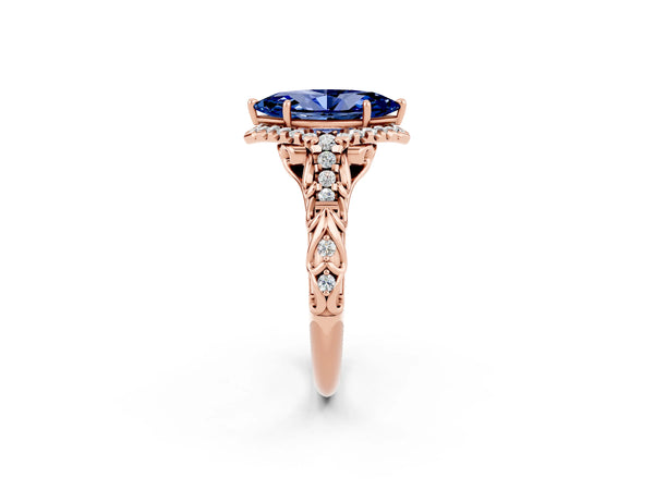 Rose gold Marquise Cut Blue Sapphire Solitaire Ring with Hidden Halo and Pavé Band