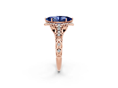 Rose gold Marquise Cut Blue Sapphire Solitaire Ring with Hidden Halo and Pavé Band_26