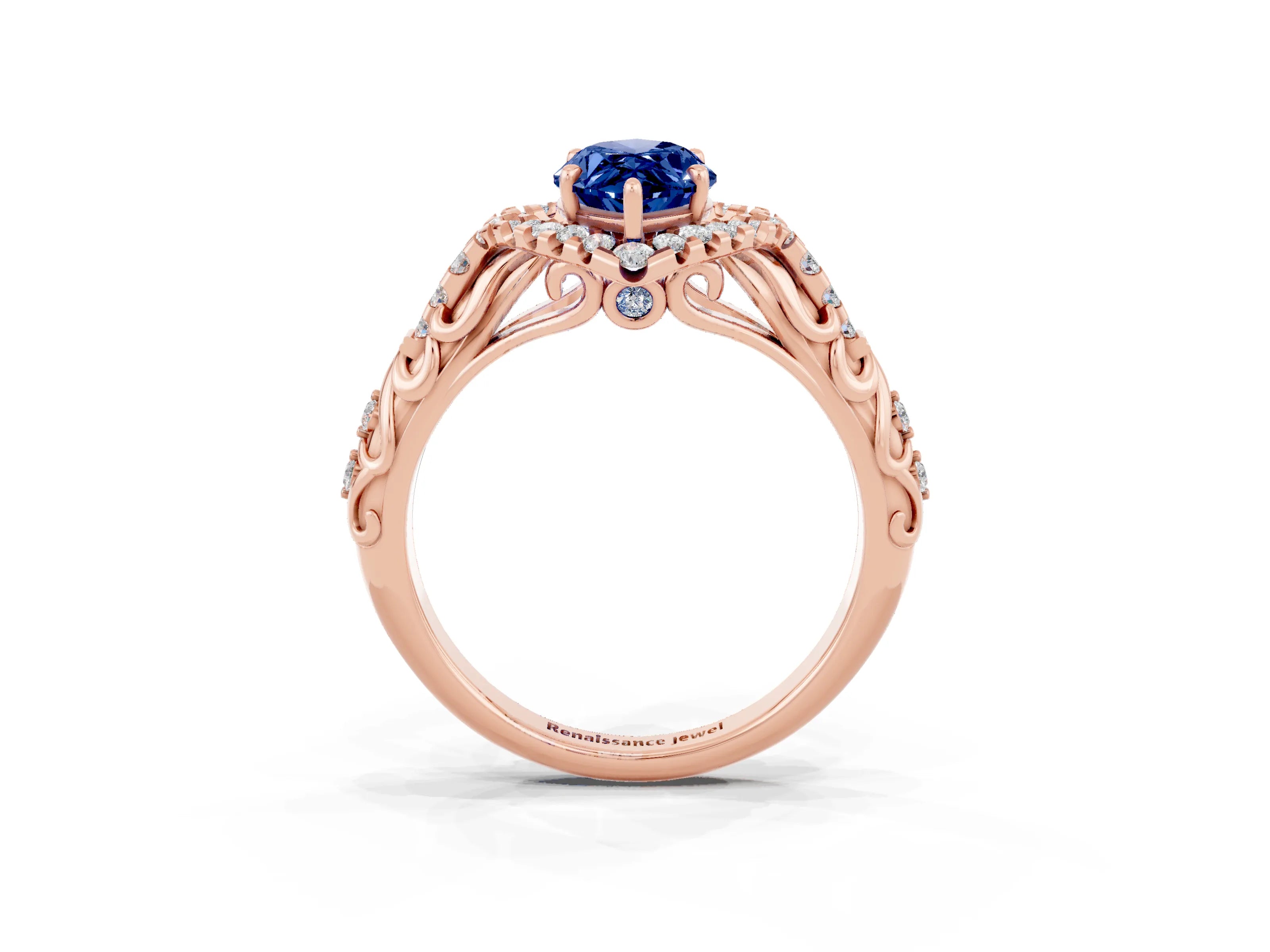 Rose gold Marquise Cut Blue Sapphire Solitaire Ring with Hidden Halo and Pavé Band_27