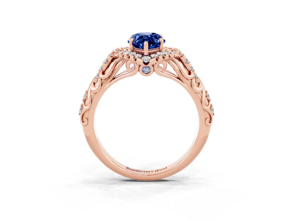 Rose gold Marquise Cut Blue Sapphire Solitaire Ring with Hidden Halo and Pavé Band