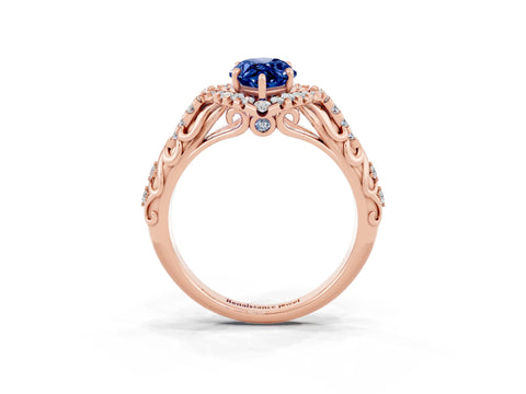 Rose gold Marquise Cut Blue Sapphire Solitaire Ring with Hidden Halo and Pavé Band_27