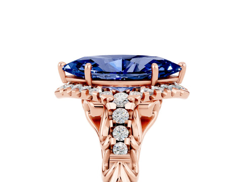 Rose gold Marquise Cut Blue Sapphire Solitaire Ring with Hidden Halo and Pavé Band_29