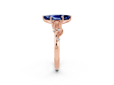Rose gold Marquise Cut Blue Sapphire Solitaire Ring with Leaf Motif Band and Four-Prong Setting_2