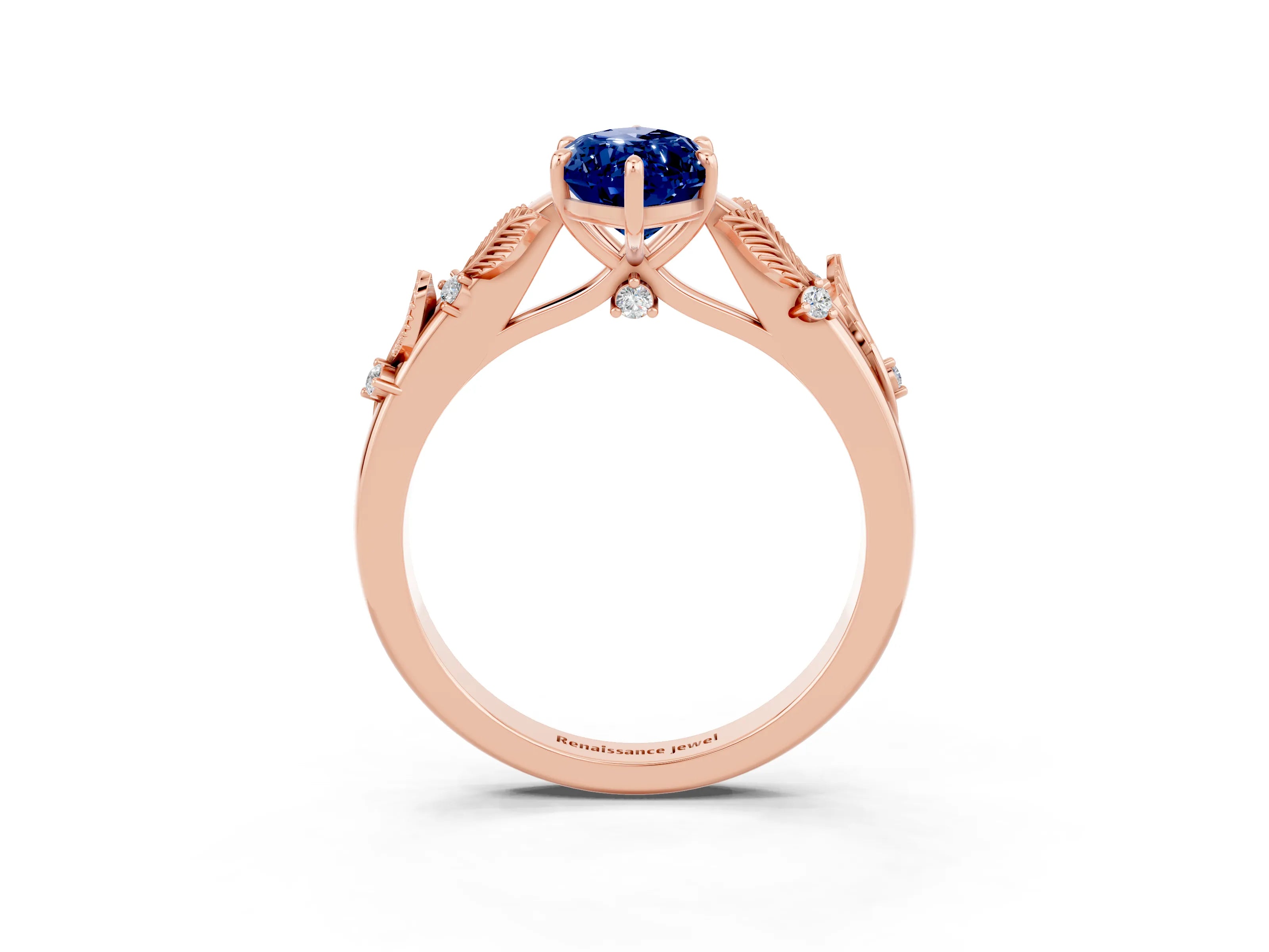 Rose gold Marquise Cut Blue Sapphire Solitaire Ring with Leaf Motif Band and Four-Prong Setting_3