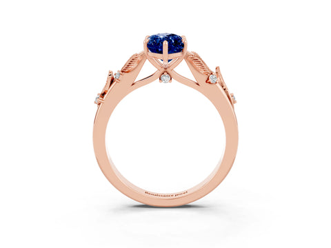Rose gold Marquise Cut Blue Sapphire Solitaire Ring with Leaf Motif Band and Four-Prong Setting_3