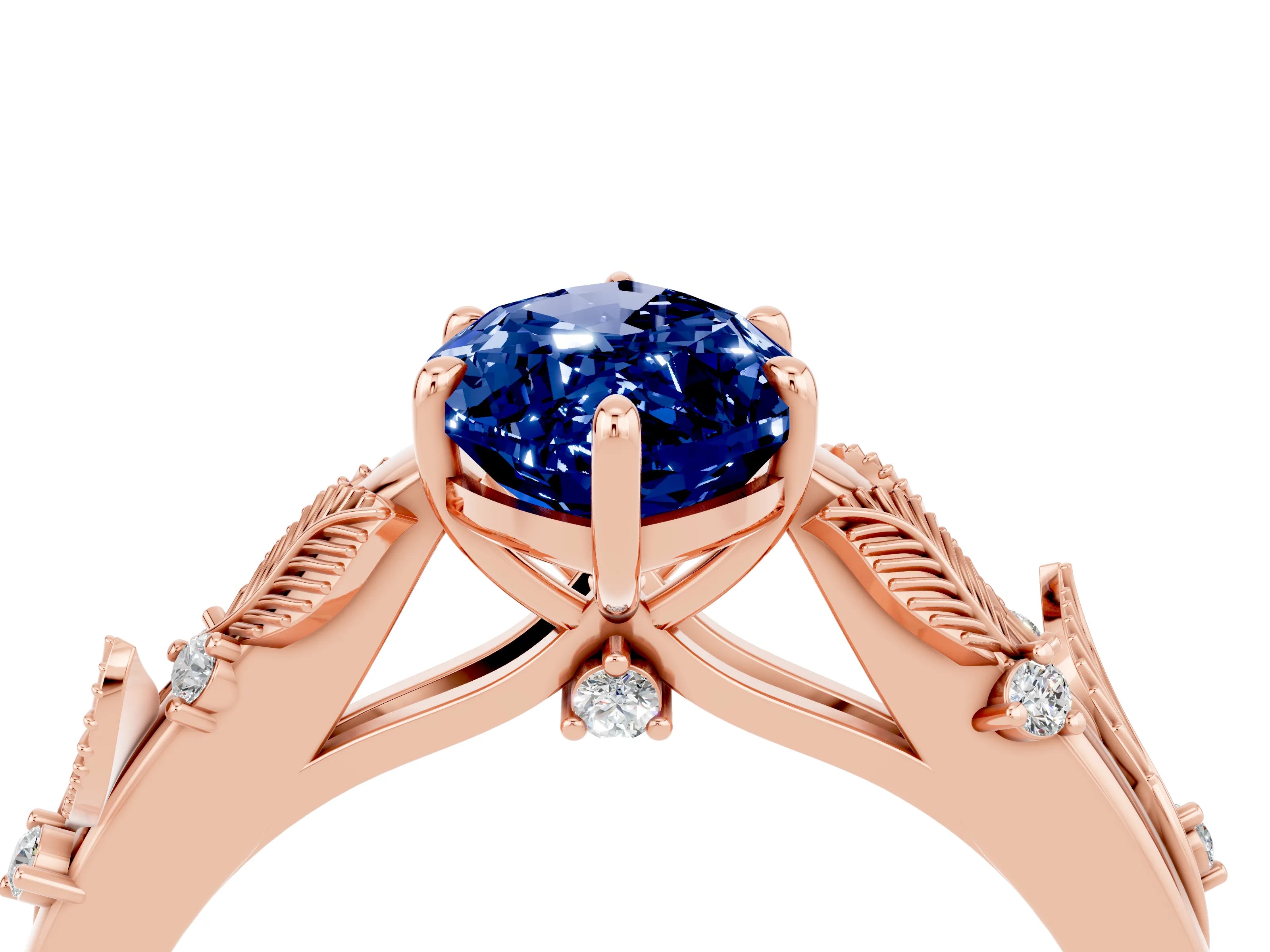 Rose gold Marquise Cut Blue Sapphire Solitaire Ring with Leaf Motif Band and Four-Prong Setting_4