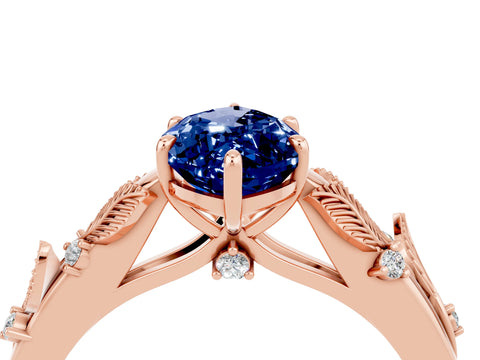 Rose gold Marquise Cut Blue Sapphire Solitaire Ring with Leaf Motif Band and Four-Prong Setting_4