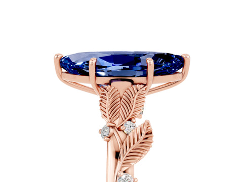 Rose gold Marquise Cut Blue Sapphire Solitaire Ring with Leaf Motif Band and Four-Prong Setting_5