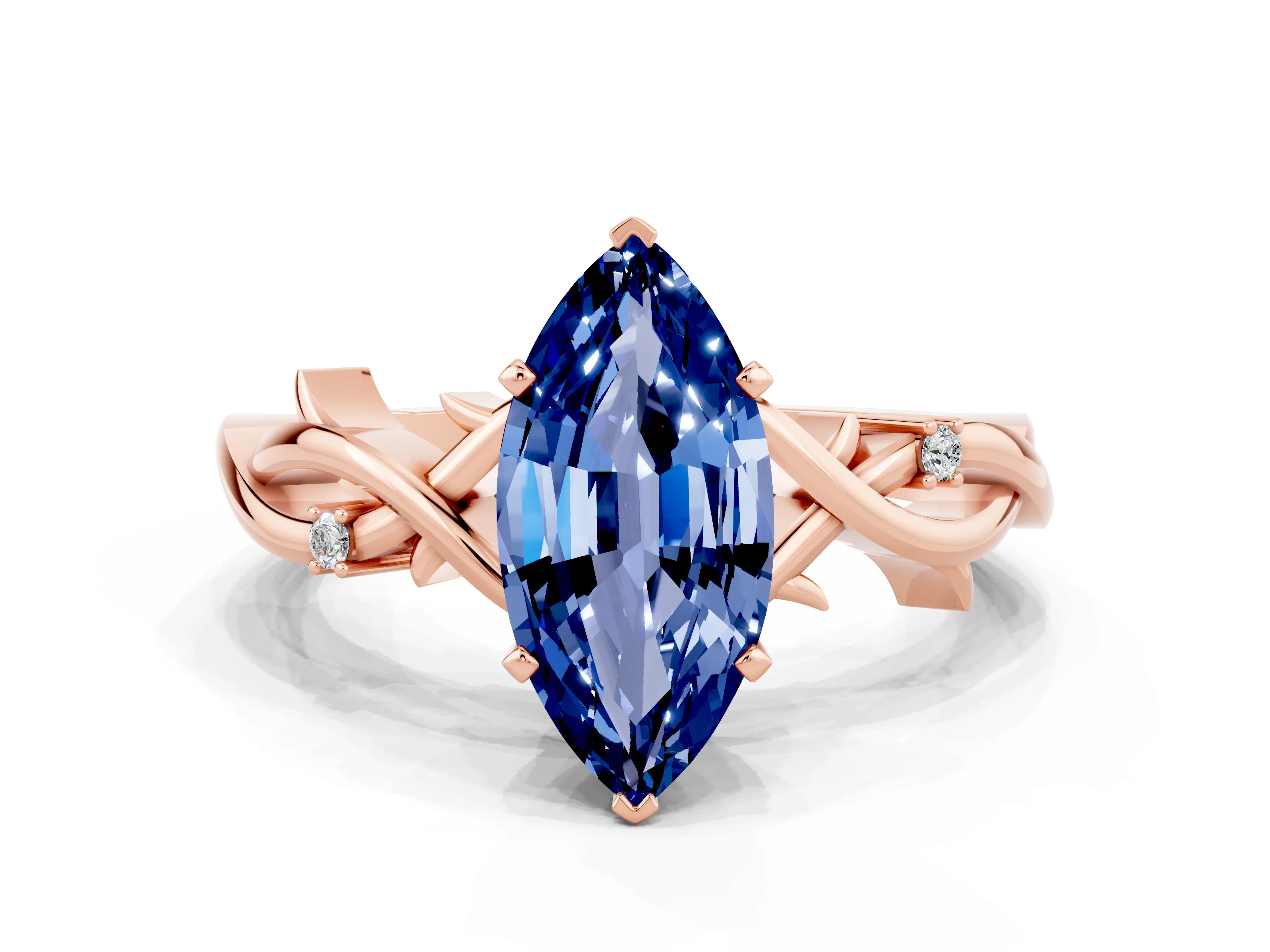 Rose gold Marquise Cut Blue Sapphire Solitaire Ring with Milgrain Pavé Band and Four-Prong Setting_12
