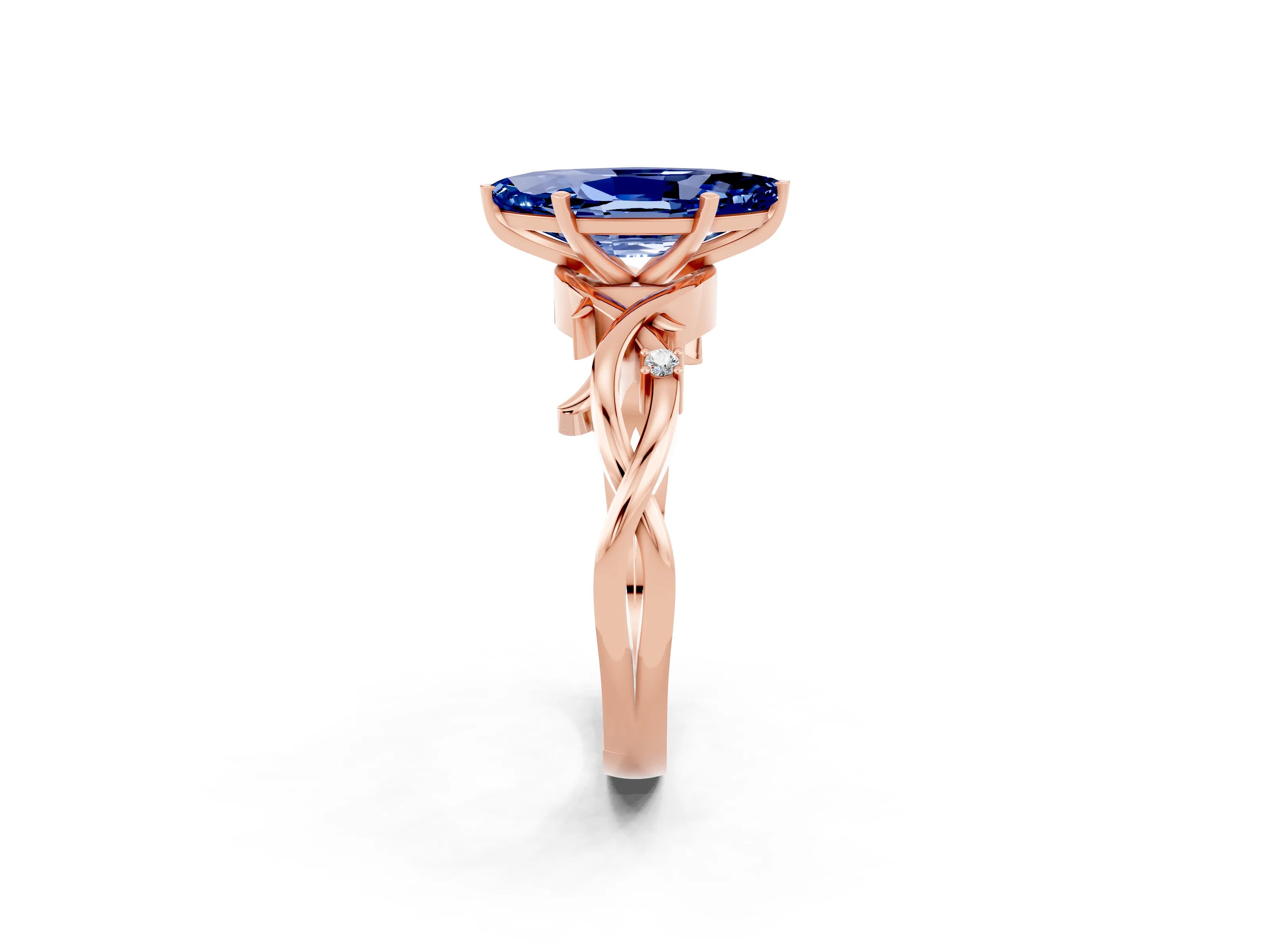 Rose gold Marquise Cut Blue Sapphire Solitaire Ring with Milgrain Pavé Band and Four-Prong Setting_14