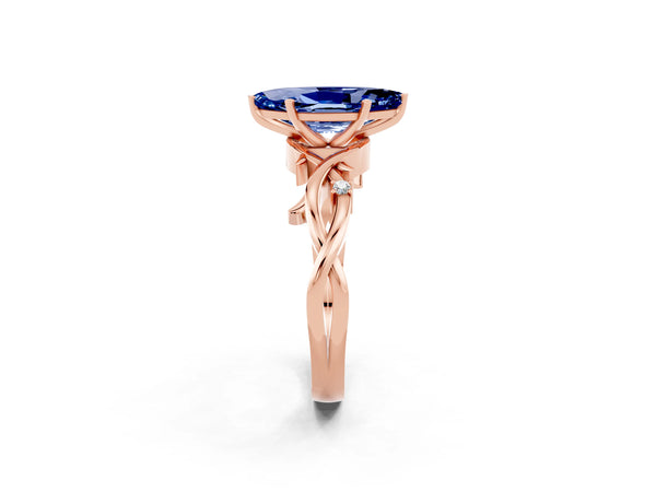 Rose gold Marquise Cut Blue Sapphire Solitaire Ring with Milgrain Pavé Band and Four-Prong Setting