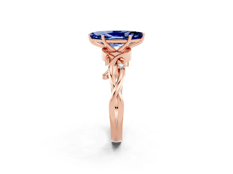 Rose gold Marquise Cut Blue Sapphire Solitaire Ring with Milgrain Pavé Band and Four-Prong Setting_14