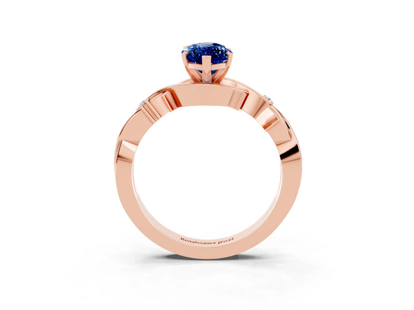 Rose gold Marquise Cut Blue Sapphire Solitaire Ring with Milgrain Pavé Band and Four-Prong Setting