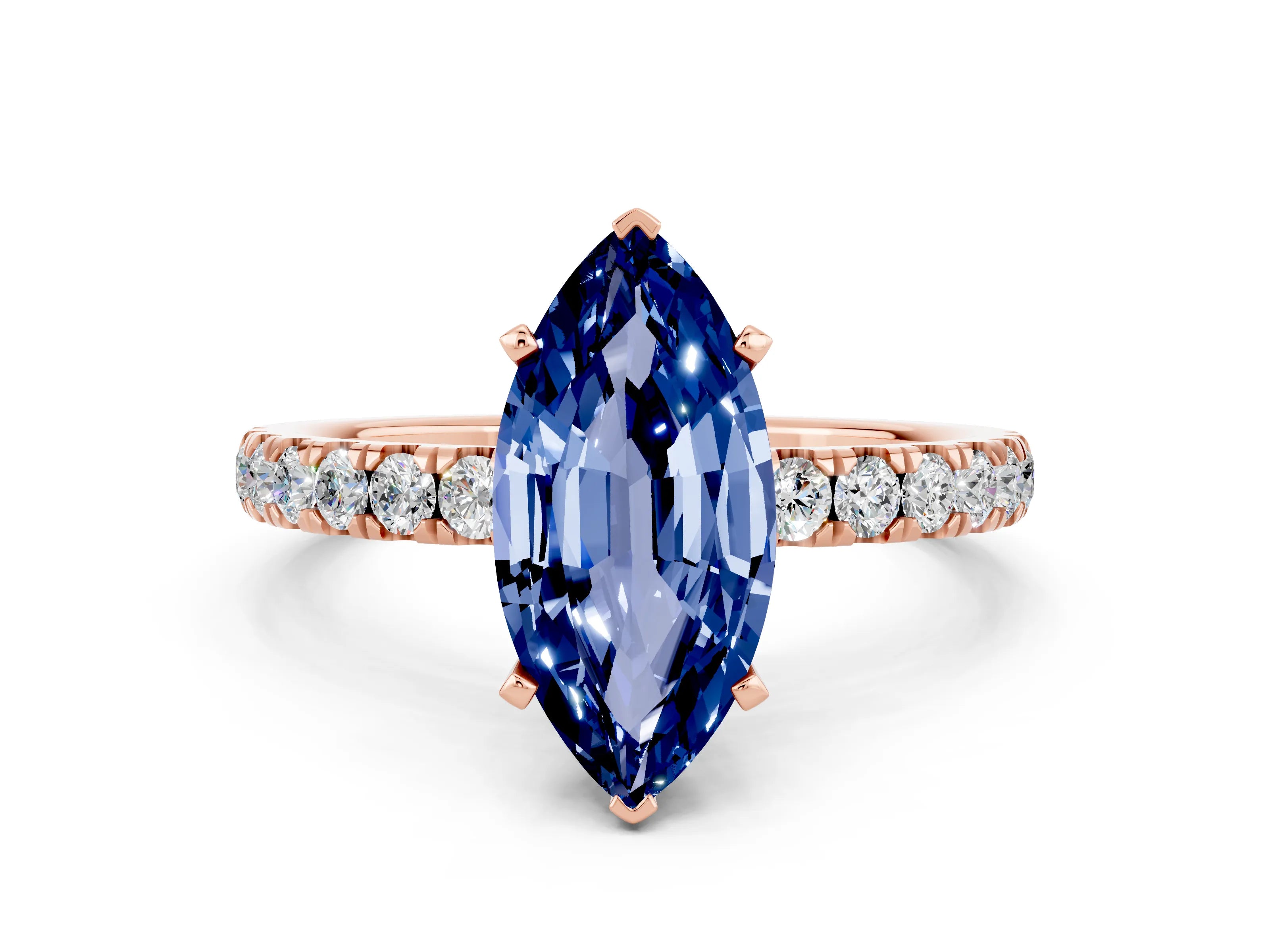 Rose gold Marquise Cut Blue Sapphire Solitaire Ring with Pavé Accents and Four-Prong Setting