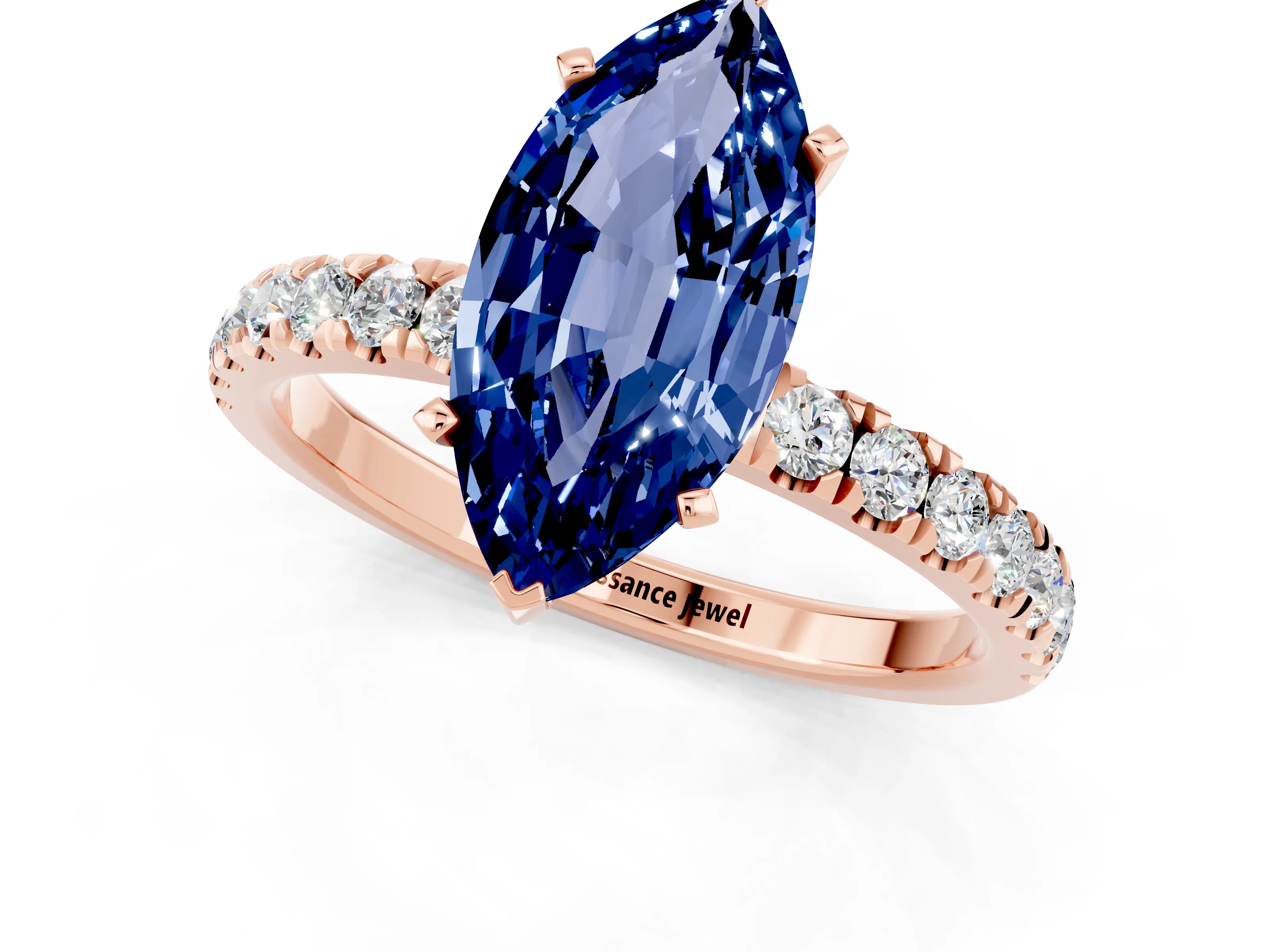 Rose gold Marquise Cut Blue Sapphire Solitaire Ring with Pavé Accents and Four-Prong Setting_1