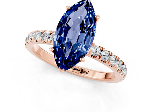 Rose gold Marquise Cut Blue Sapphire Solitaire Ring with Pavé Accents and Four-Prong Setting_1