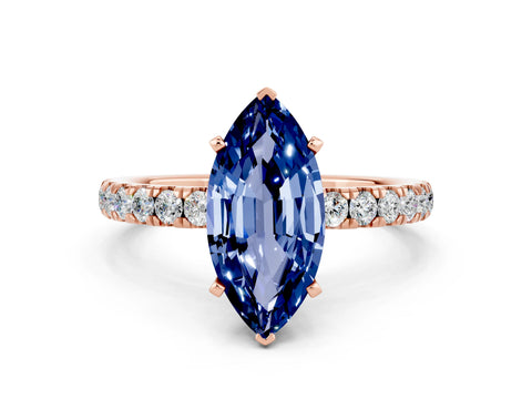 Rose gold Marquise Cut Blue Sapphire Solitaire Ring with Pavé Accents and Four-Prong Setting