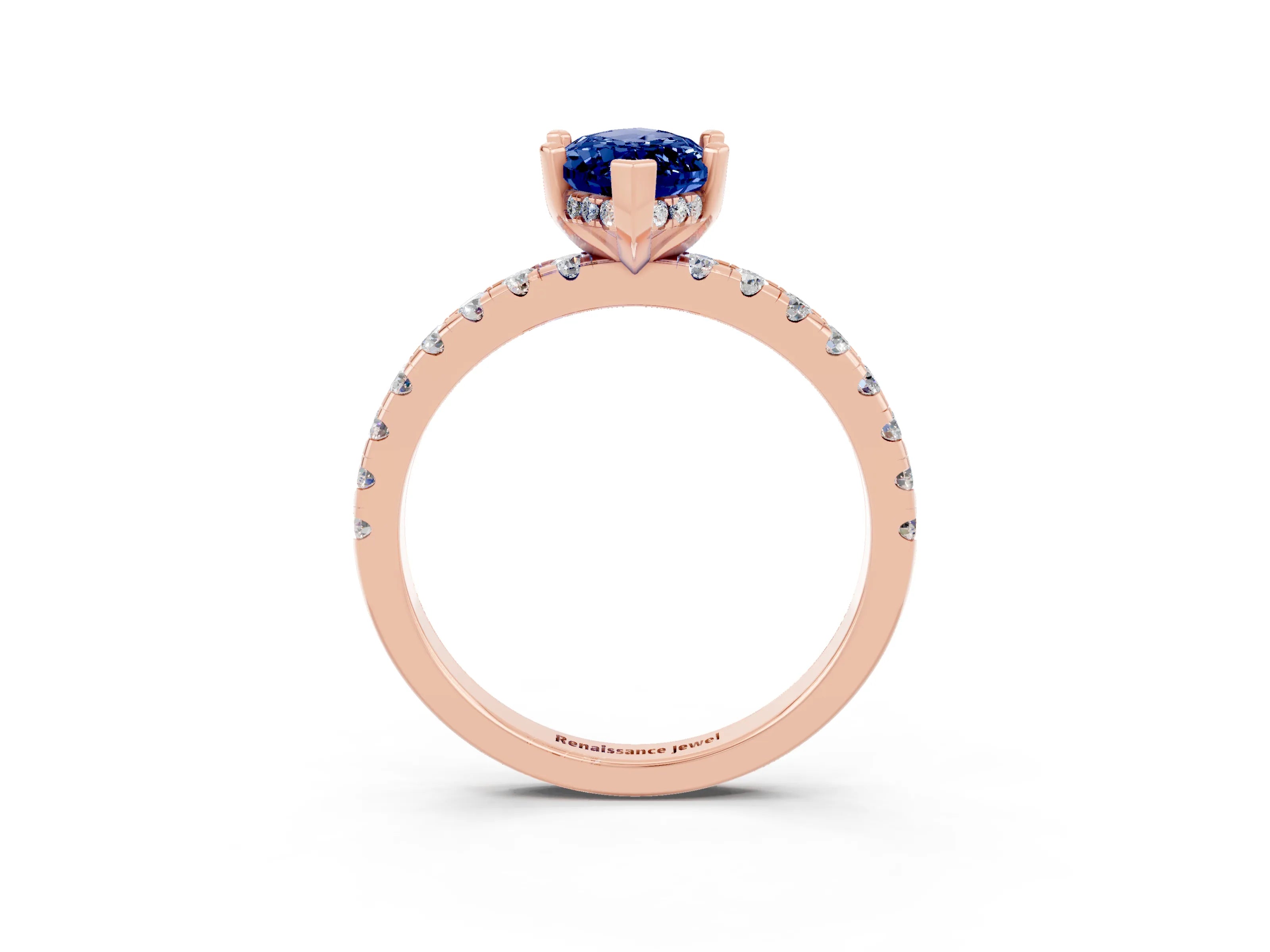 Rose gold Marquise Cut Blue Sapphire Solitaire Ring with Pavé Band and Four-Prong Setting_27