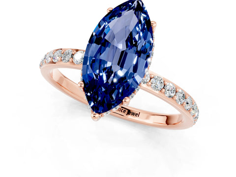 Rose gold Marquise Cut Blue Sapphire Solitaire Ring with Pavé Band and Hidden Halo_13