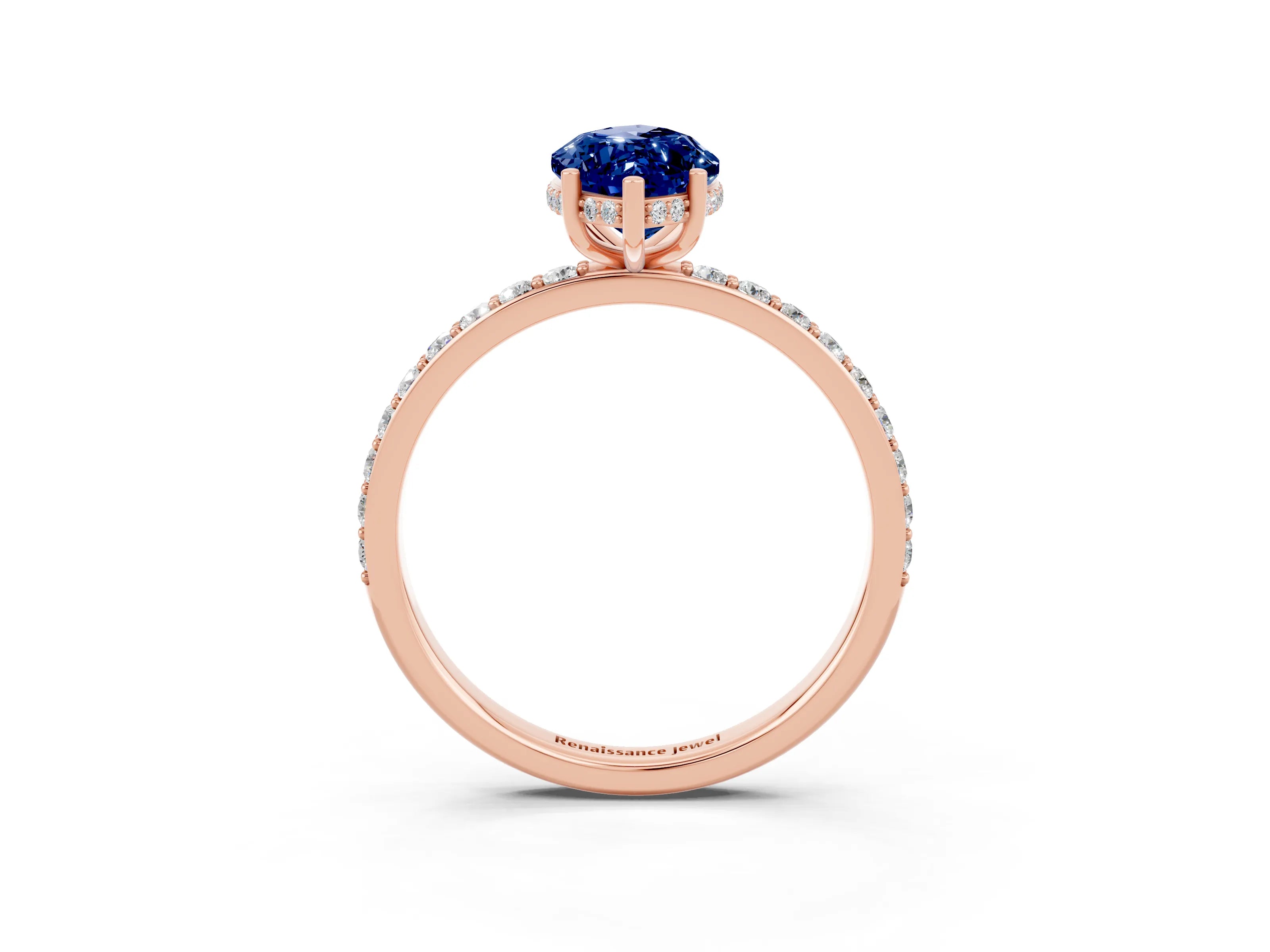 Rose gold Marquise Cut Blue Sapphire Solitaire Ring with Pavé Band and Hidden Halo_15