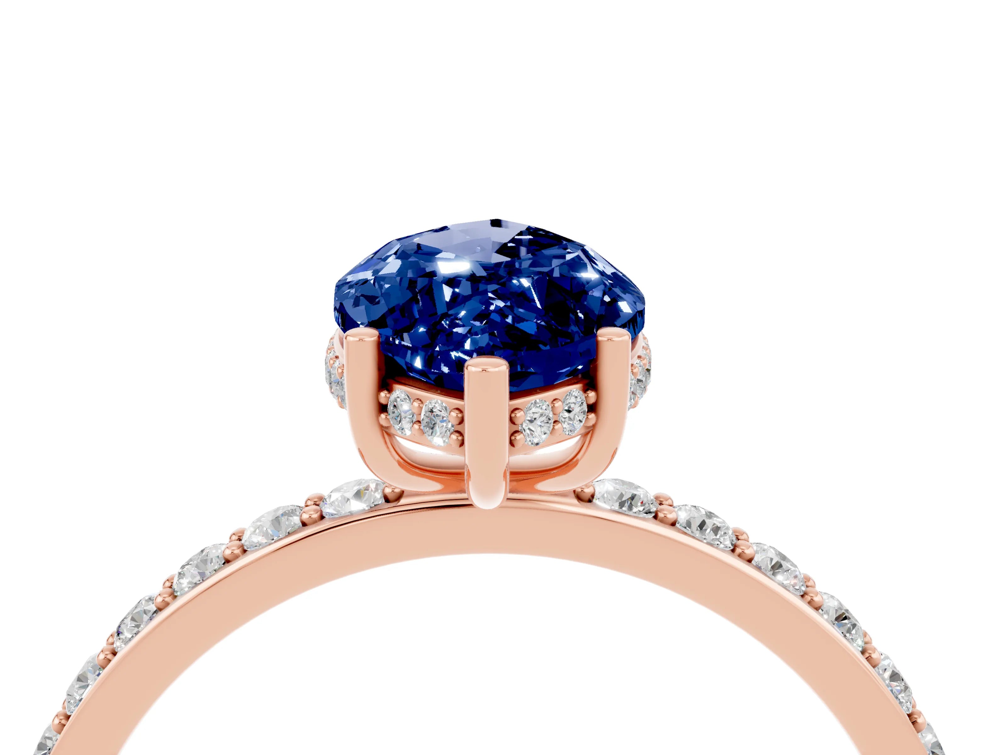 Rose gold Marquise Cut Blue Sapphire Solitaire Ring with Pavé Band and Hidden Halo_16