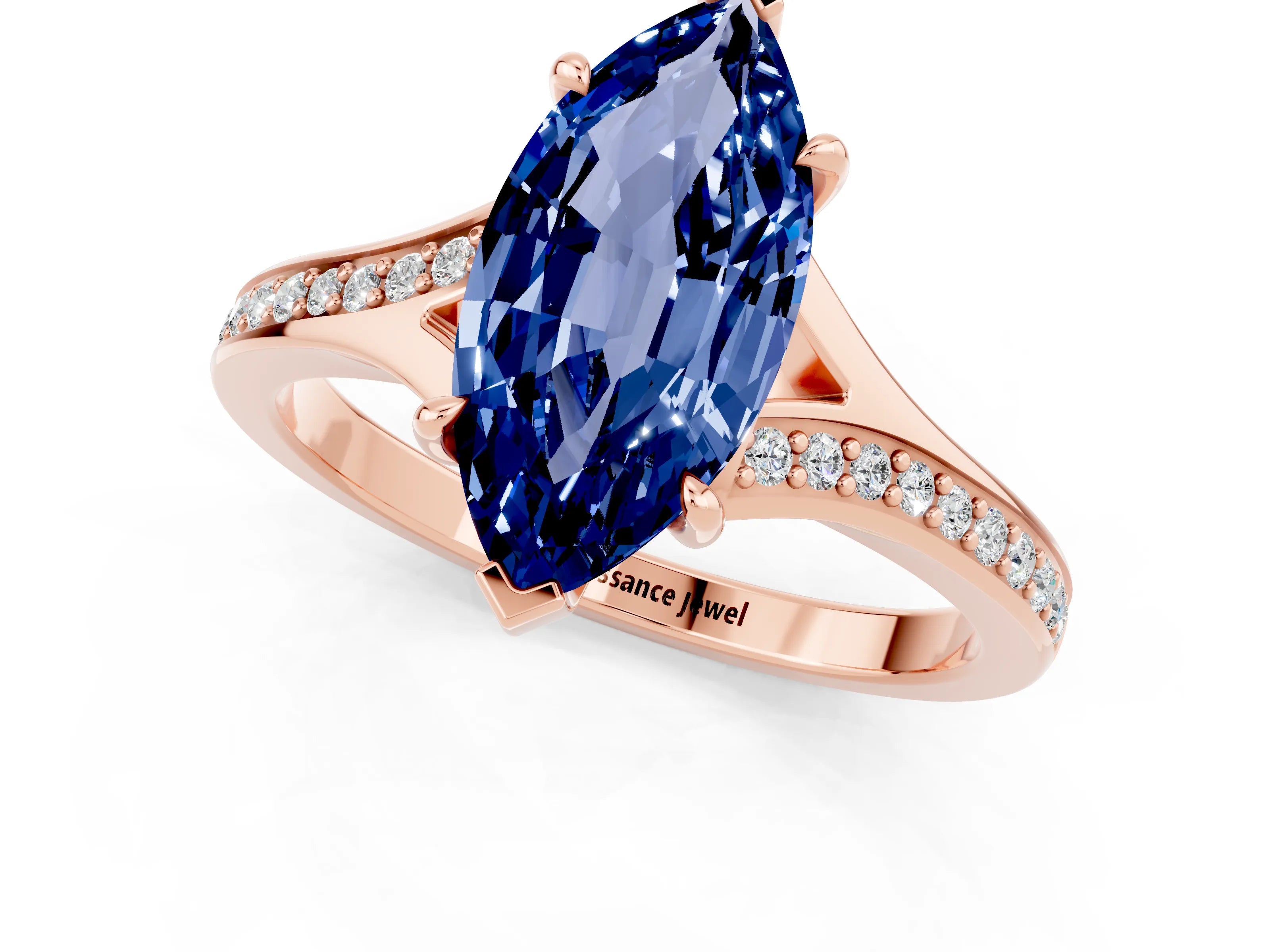 Rose gold Marquise Cut Blue Sapphire Solitaire Ring with Pavé Band and Prong Setting_1
