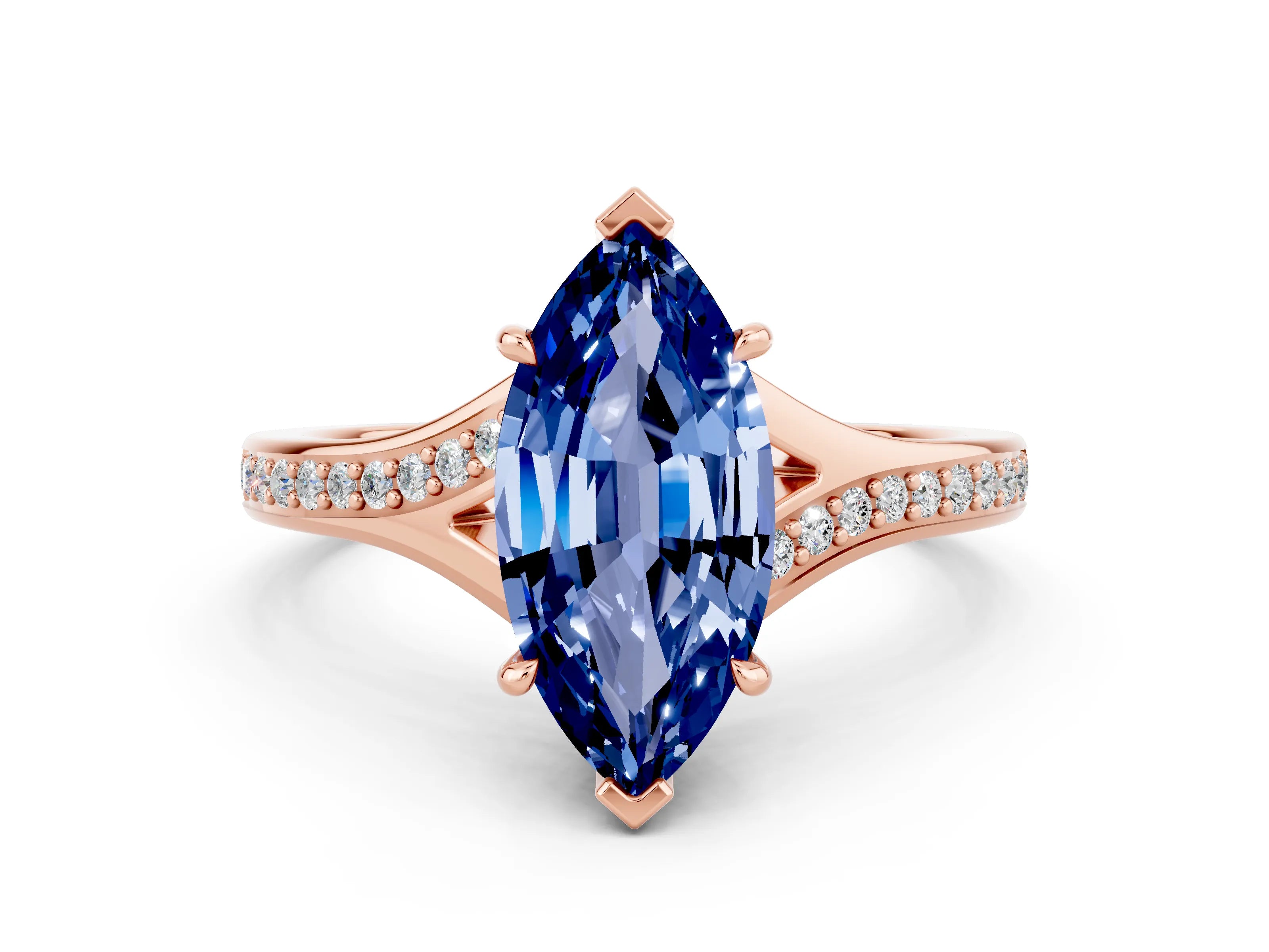 Rose gold Marquise Cut Blue Sapphire Solitaire Ring with Pavé Band and Prong Setting_12