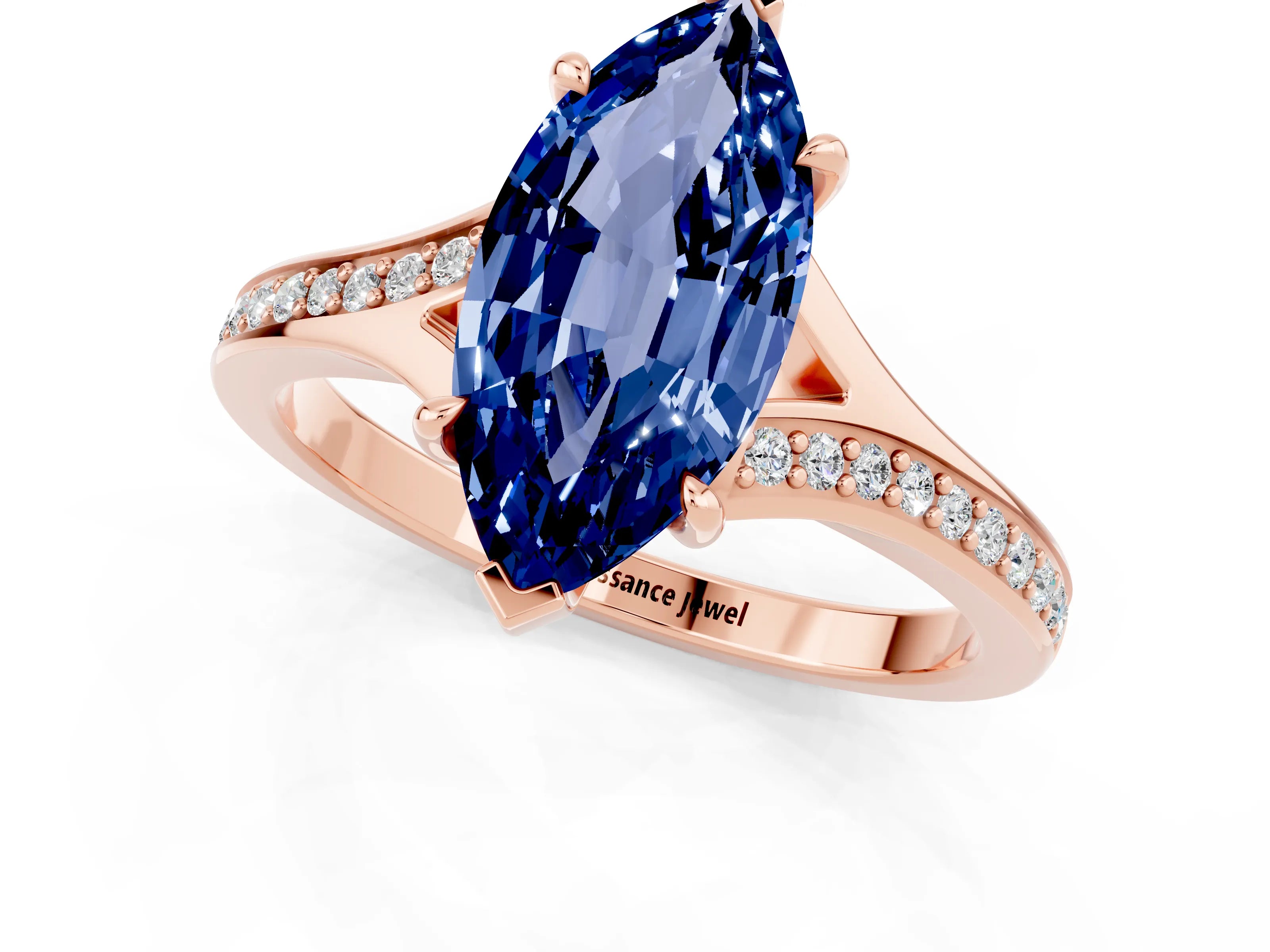 Rose gold Marquise Cut Blue Sapphire Solitaire Ring with Pavé Band and Prong Setting_13
