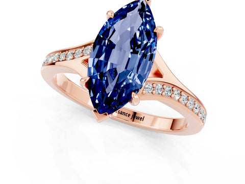 Rose gold Marquise Cut Blue Sapphire Solitaire Ring with Pavé Band and Prong Setting_13