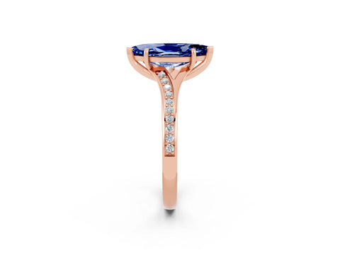 Rose gold Marquise Cut Blue Sapphire Solitaire Ring with Pavé Band and Prong Setting_14