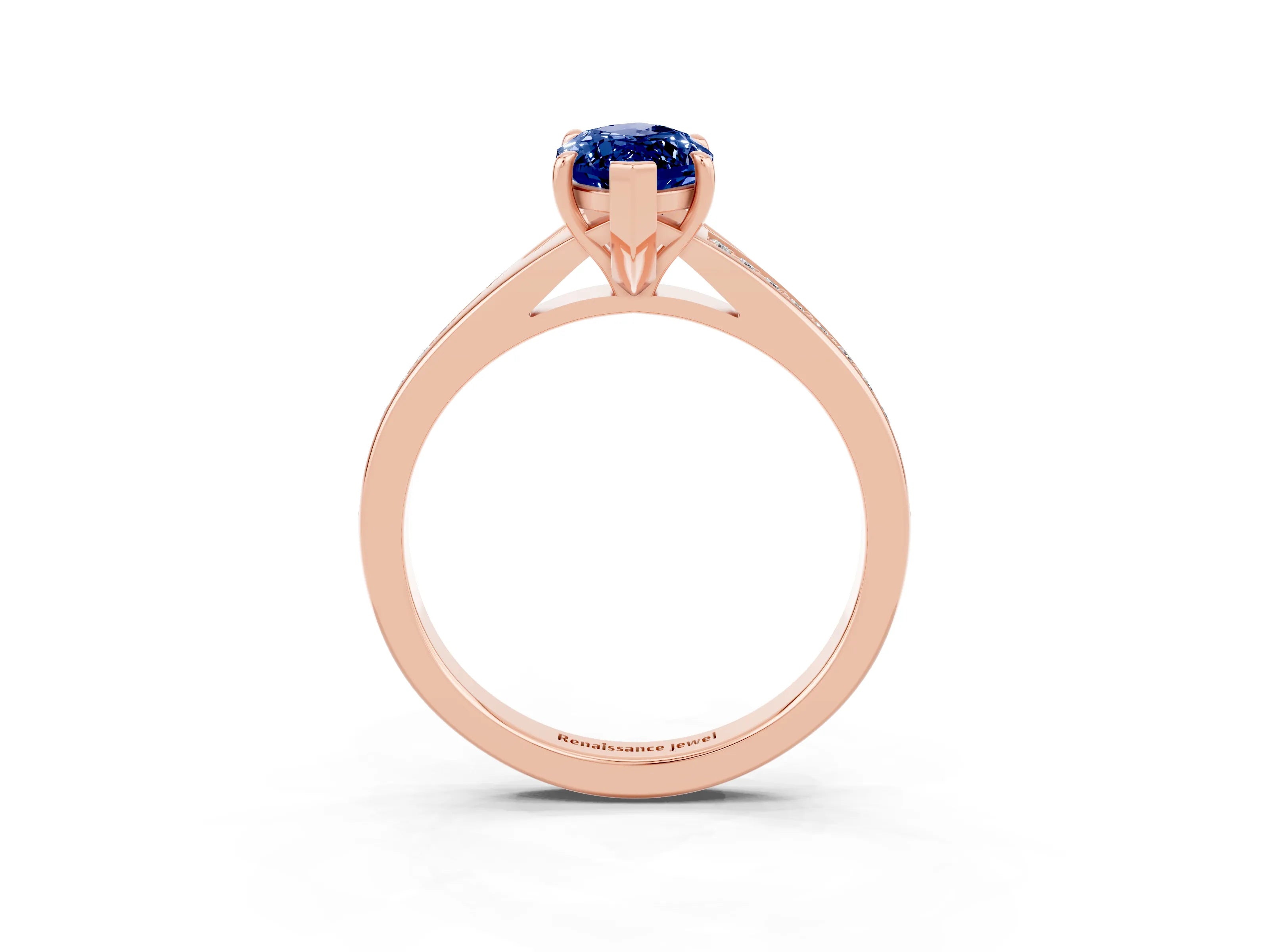 Rose gold Marquise Cut Blue Sapphire Solitaire Ring with Pavé Band and Prong Setting_15