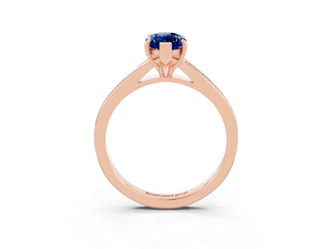 Rose gold Marquise Cut Blue Sapphire Solitaire Ring with Pavé Band and Prong Setting_15