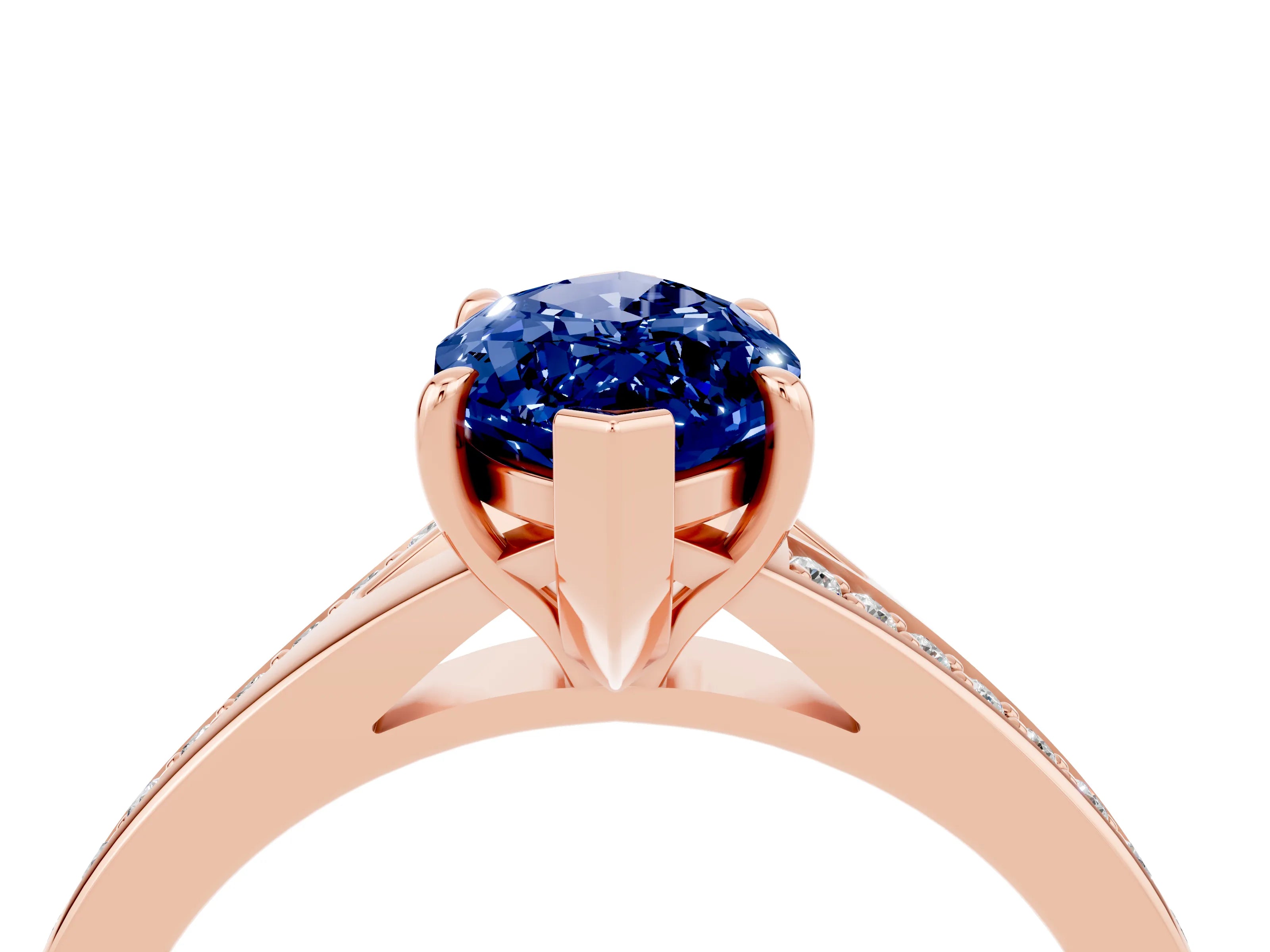 Rose gold Marquise Cut Blue Sapphire Solitaire Ring with Pavé Band and Prong Setting_16