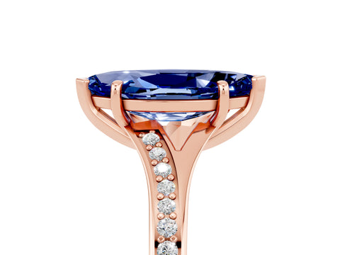 Rose gold Marquise Cut Blue Sapphire Solitaire Ring with Pavé Band and Prong Setting_17