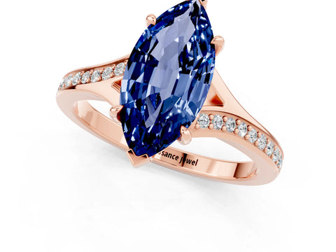 Rose gold Marquise Cut Blue Sapphire Solitaire Ring with Pavé Band and Prong Setting_1