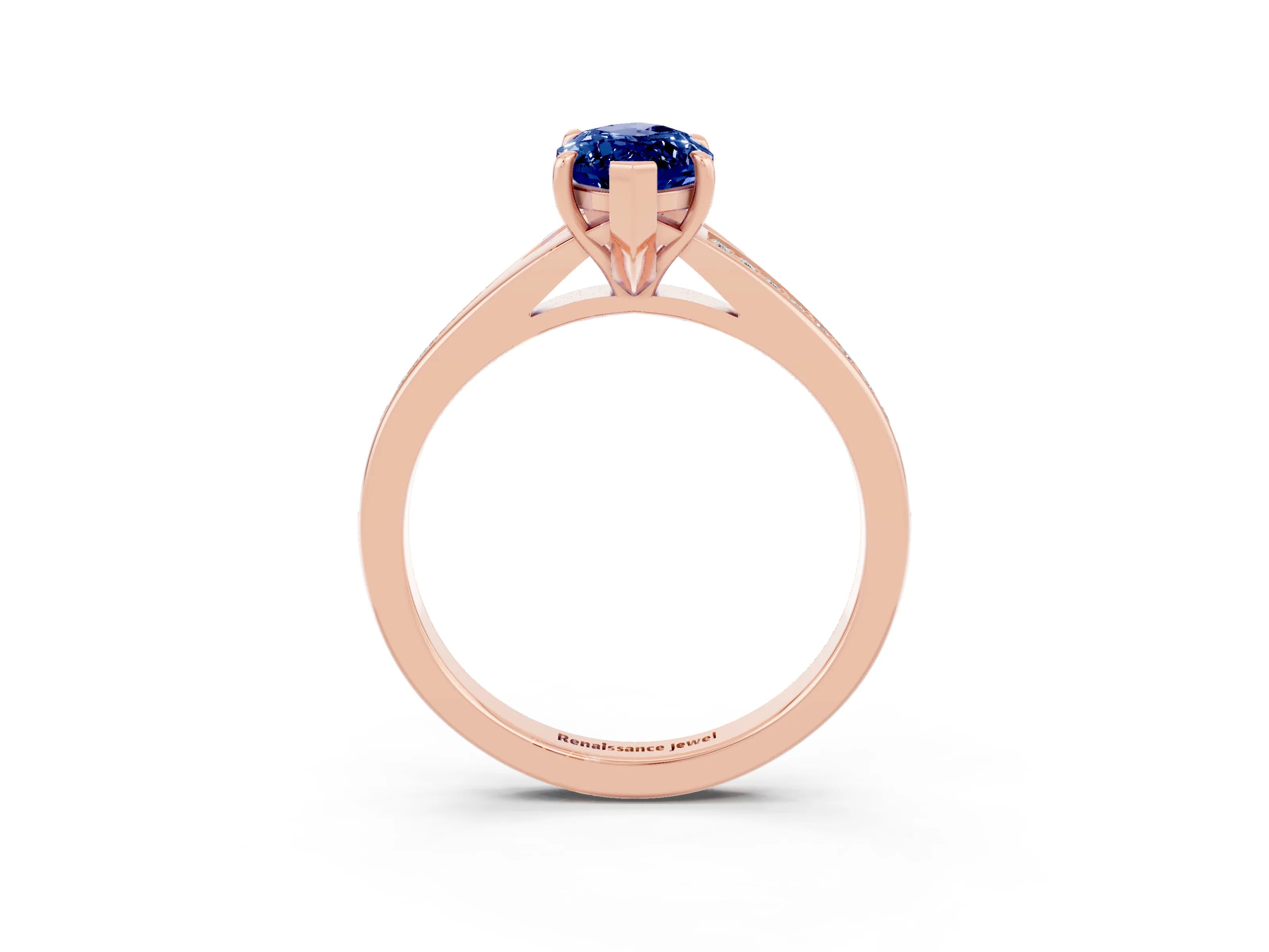 Rose gold Marquise Cut Blue Sapphire Solitaire Ring with Pavé Band and Prong Setting_3