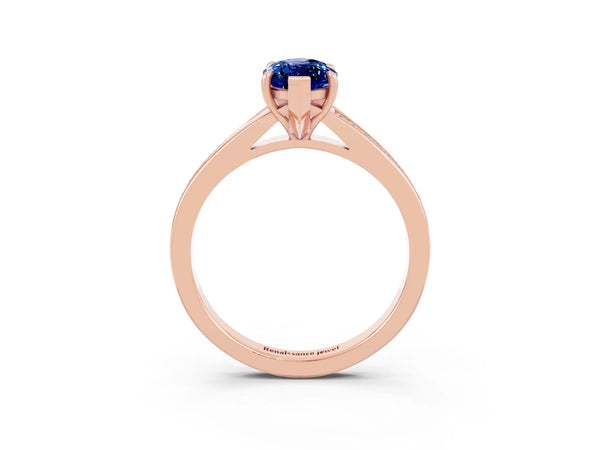 Rose gold Marquise Cut Blue Sapphire Solitaire Ring with Pavé Band and Prong Setting