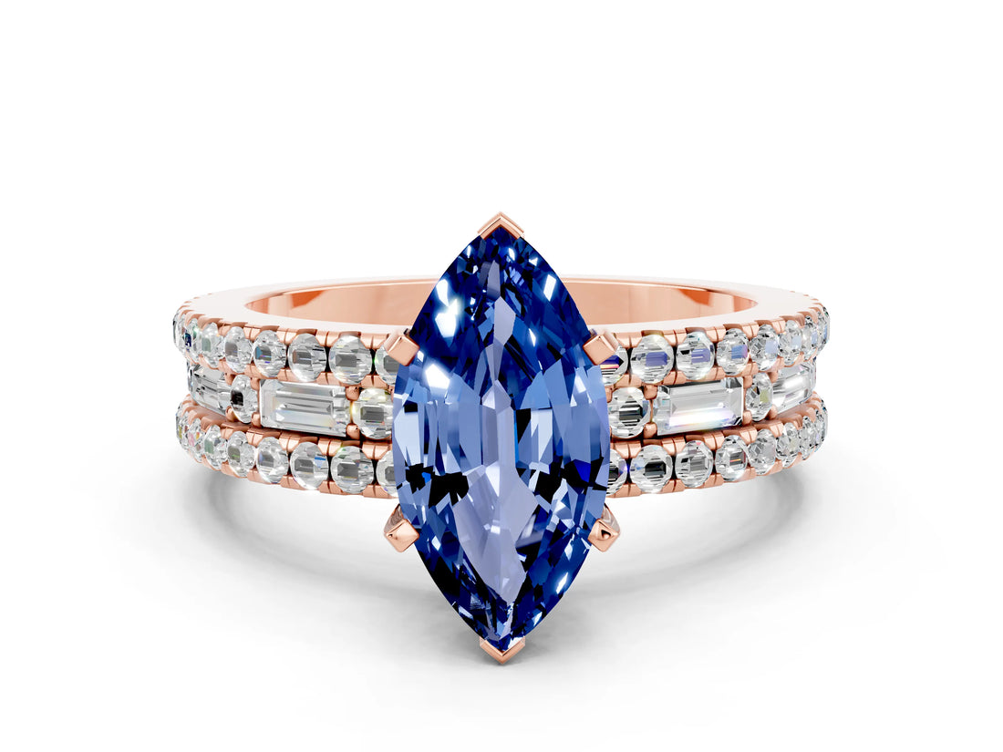 Rose gold Marquise Cut Blue Sapphire Solitaire Ring with Pavé and Channel Set Band