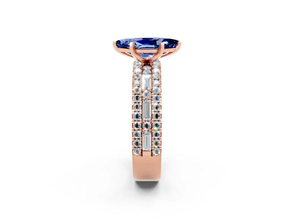 Rose gold Marquise Cut Blue Sapphire Solitaire Ring with Pavé and Channel Set Band