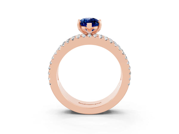 Rose gold Marquise Cut Blue Sapphire Solitaire Ring with Pavé and Channel Set Band