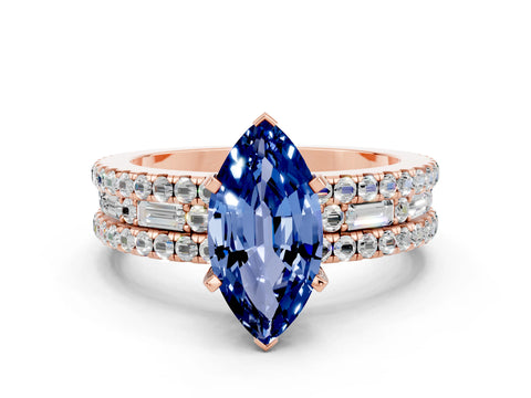Rose gold Marquise Cut Blue Sapphire Solitaire Ring with Pavé and Channel Set Band