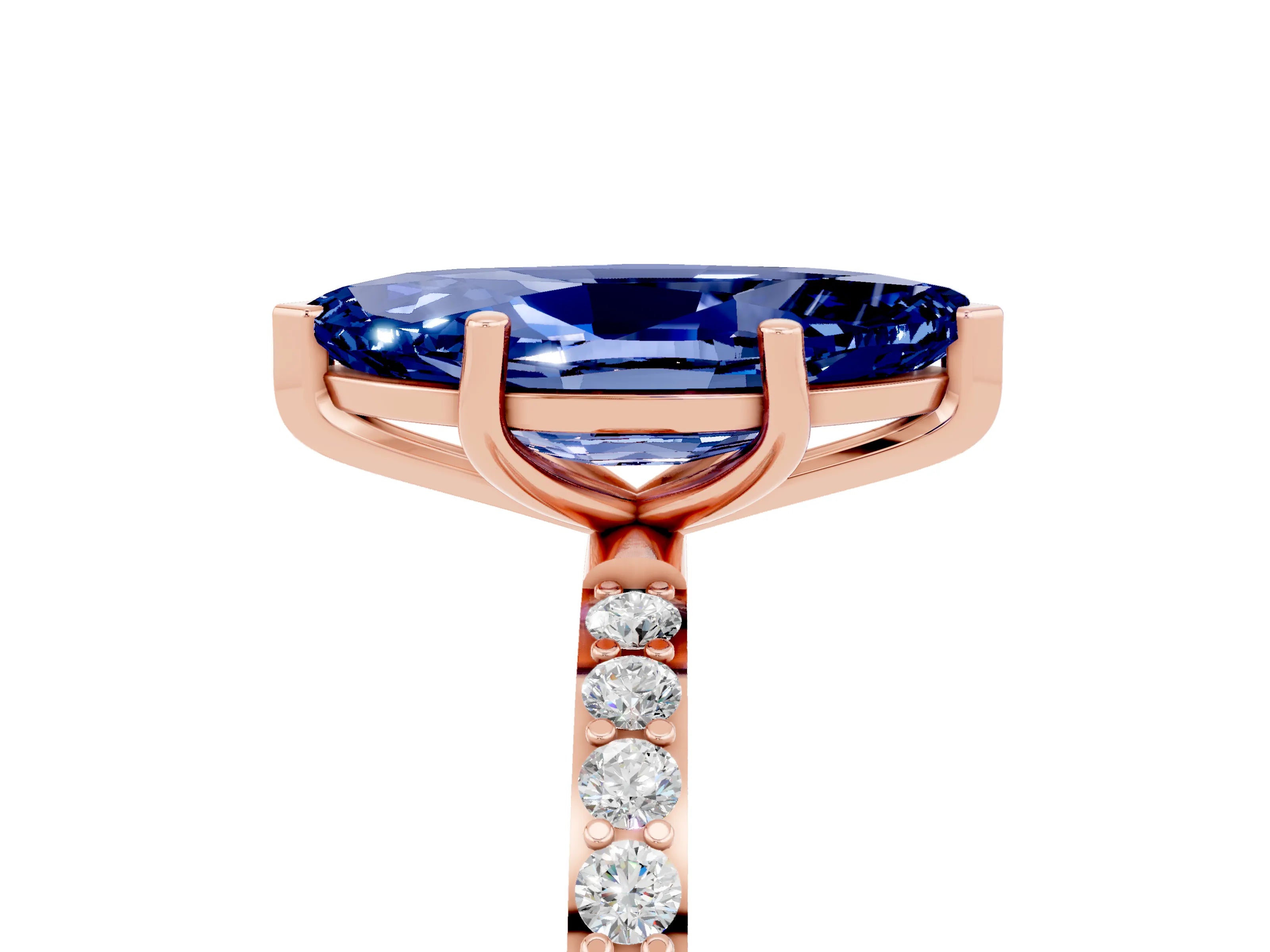 Rose gold Marquise Cut Blue Sapphire Solitaire Ring with Pave Band and Four Prong Setting_17