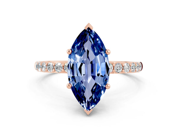 Rose gold Marquise Cut Blue Sapphire Solitaire Ring with Round  Pavé Band and Prong Setting