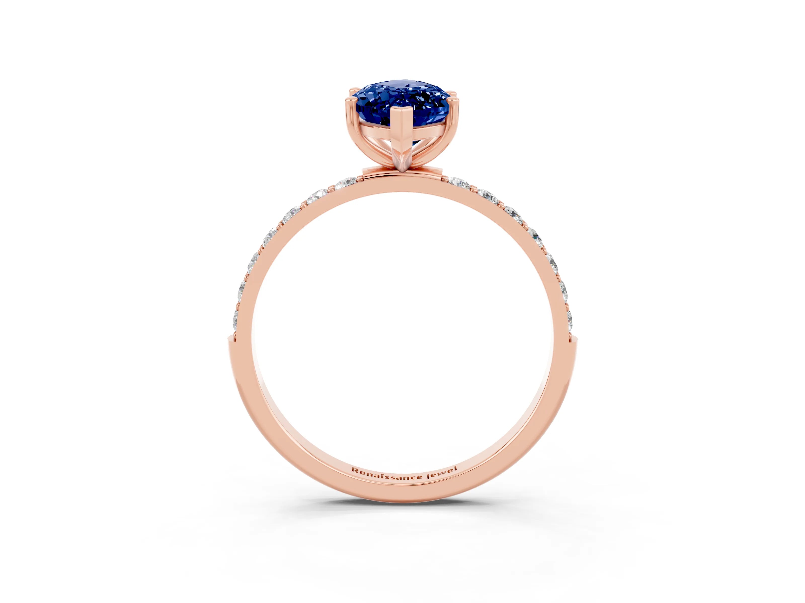 Rose gold Marquise Cut Blue Sapphire Solitaire Ring with Pave Band and Four Prong Setting_27