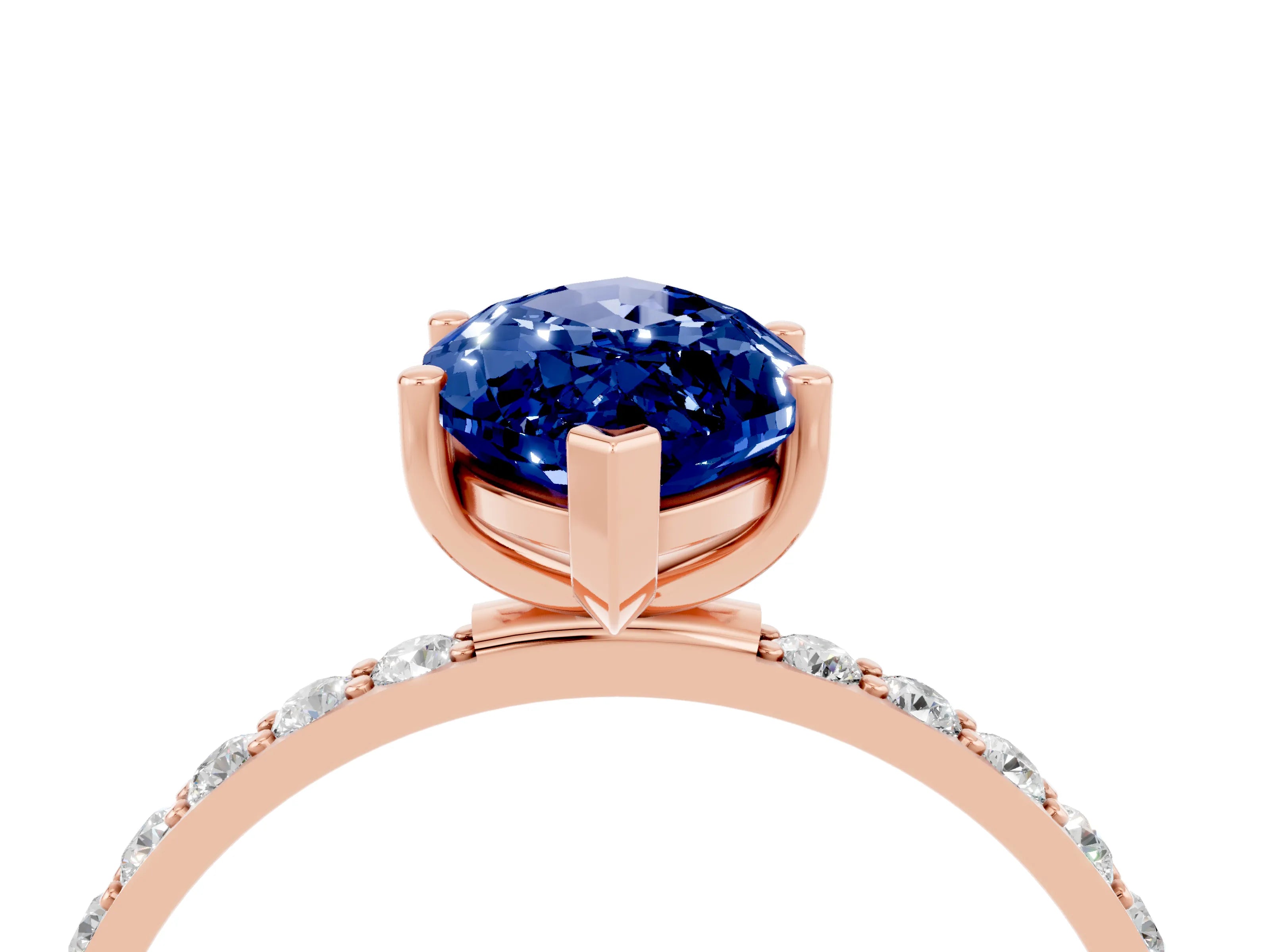 Rose gold Marquise Cut Blue Sapphire Solitaire Ring with Pave Band and Four Prong Setting_28