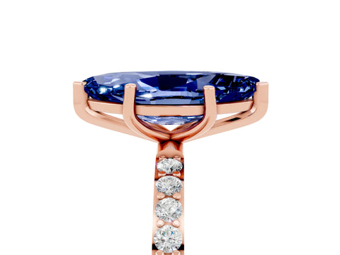 Rose gold Marquise Cut Blue Sapphire Solitaire Ring with Pave Band and Four Prong Setting_29