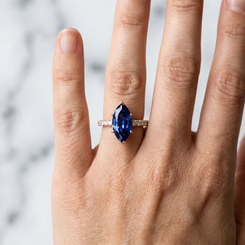 Rose gold Marquise Cut Blue Sapphire Solitaire Ring with Round  Pavé Band and Four-Prong Setting_42