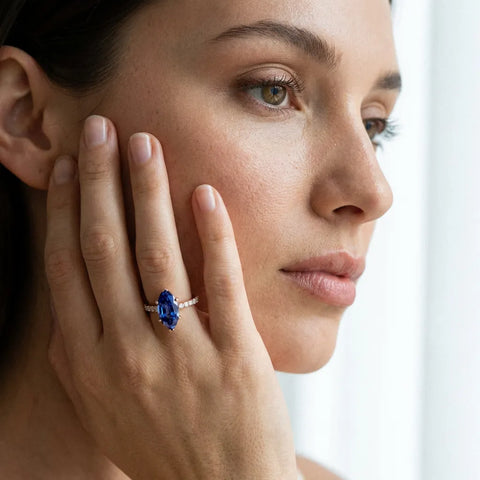 Rose gold Marquise Cut Blue Sapphire Solitaire Ring with Round  Pavé Band and Four-Prong Setting_43