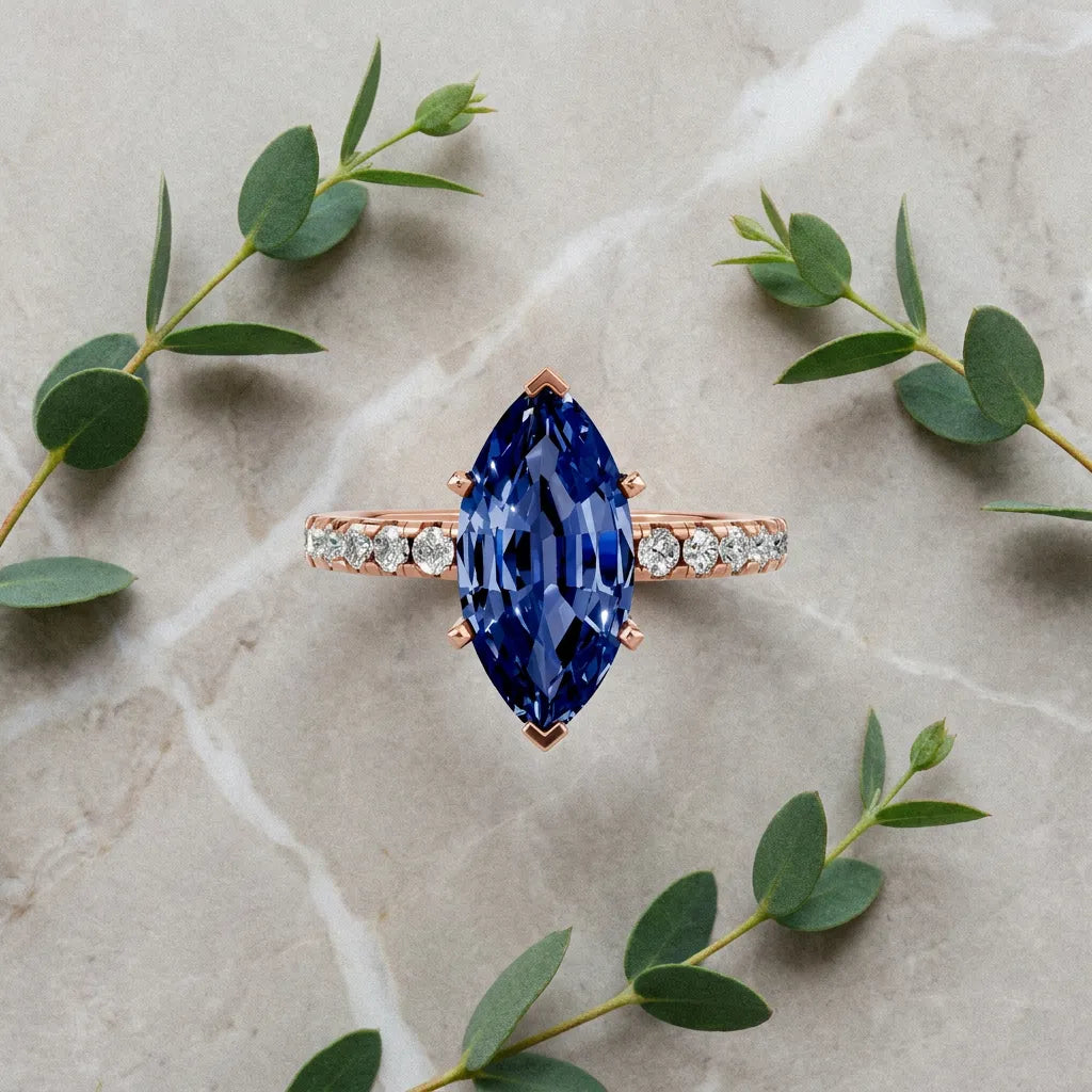 Rose gold Marquise Cut Blue Sapphire Solitaire Ring with Round  Pavé Band and Four-Prong Setting_45