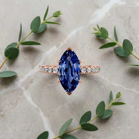 Rose gold Marquise Cut Blue Sapphire Solitaire Ring with Round  Pavé Band and Four-Prong Setting_45